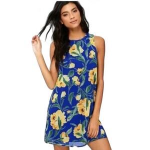 Lulus Blue Yellow Floral Tropical Sleeveless Dress Size Medium Summer Vacation